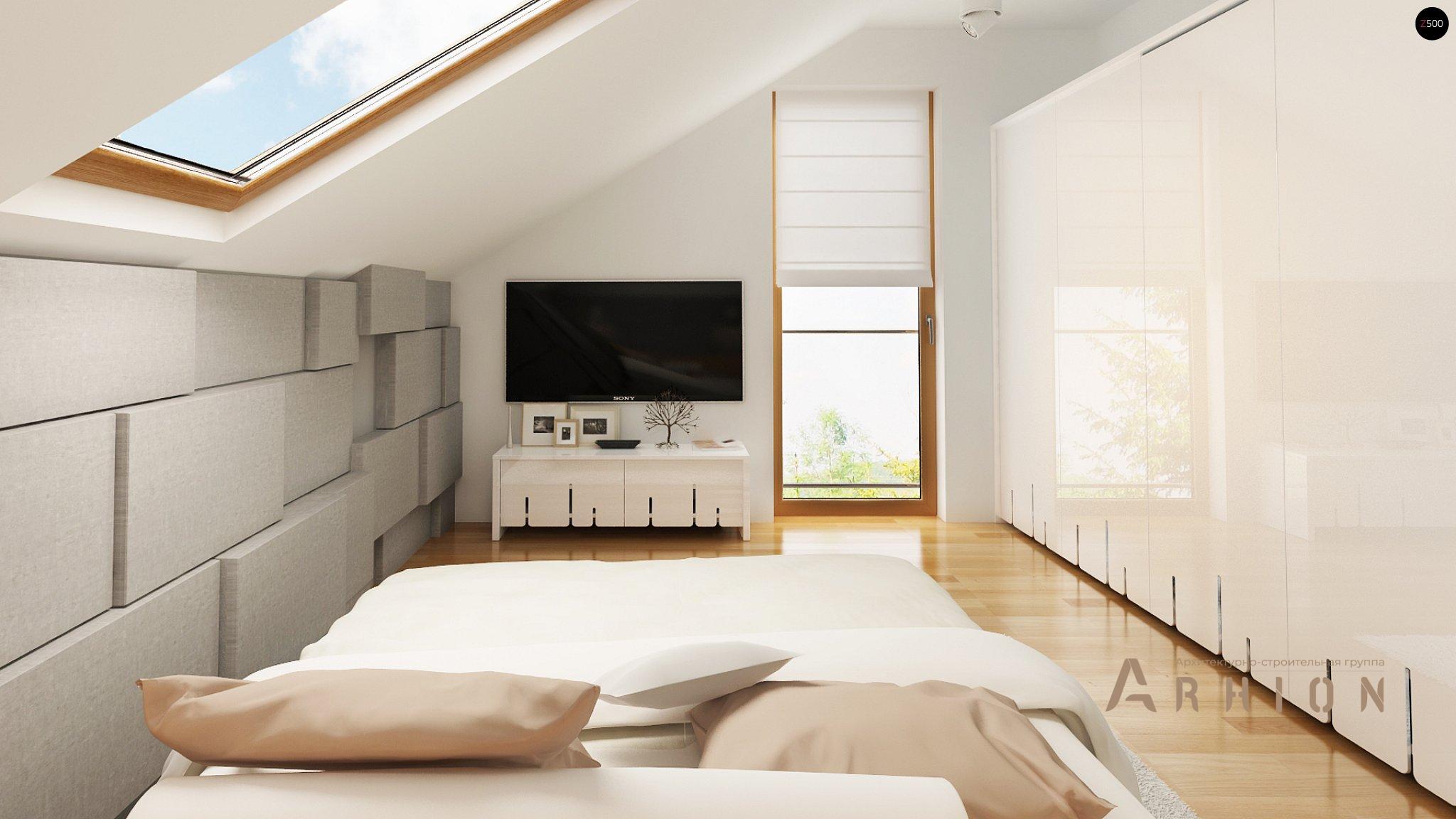 7. Проект одноэтажного дома в современном стиле с двускатной кровлей, Z210 GLt, площадью - 139 кв c мансардой, терассой, балконом, гаражом